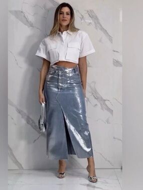 ZARA TRAFALUC METALLIC DENIM ASYMMETRIC SKIRT